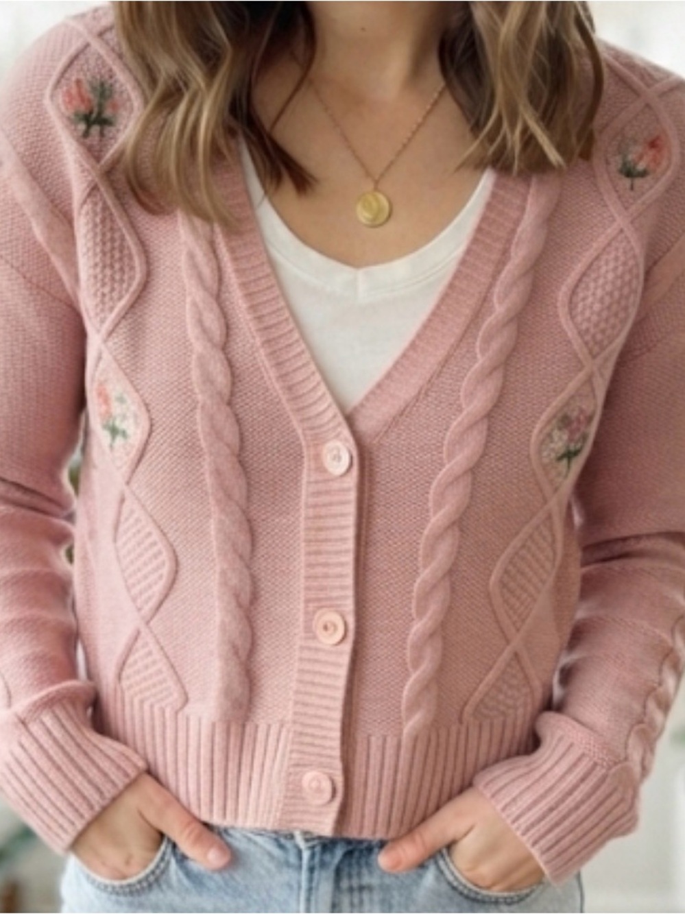 Floral Embroidered Cable Knit Button Down Cardigan Sz L Grandmacore coquette